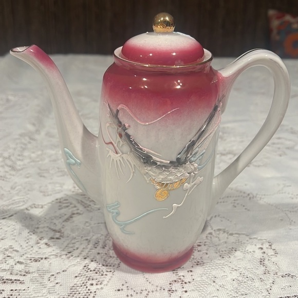 14 Piece Set Pink Black White Handpainted Moriage Dragonware Tea Espresso Set - Picture 5 of 14